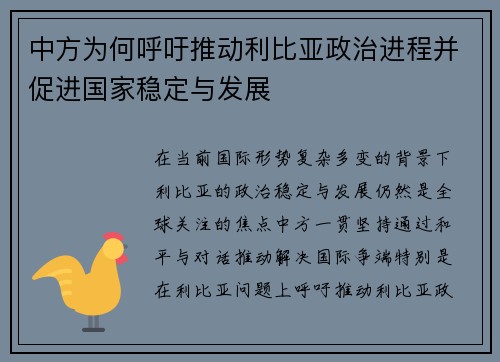 中方为何呼吁推动利比亚政治进程并促进国家稳定与发展